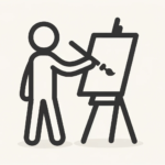 DALL·E 2023-10-20 18.11.14 - Vector design of a stick figure artist, poised with a brush, ready to paint on a canvas placed on an easel. The design is kept simple and neutral, mak